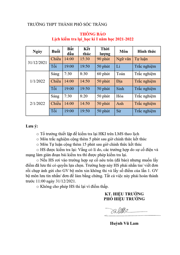 Lịch kiểm tra bù Học kì I, năm học 2021-2022